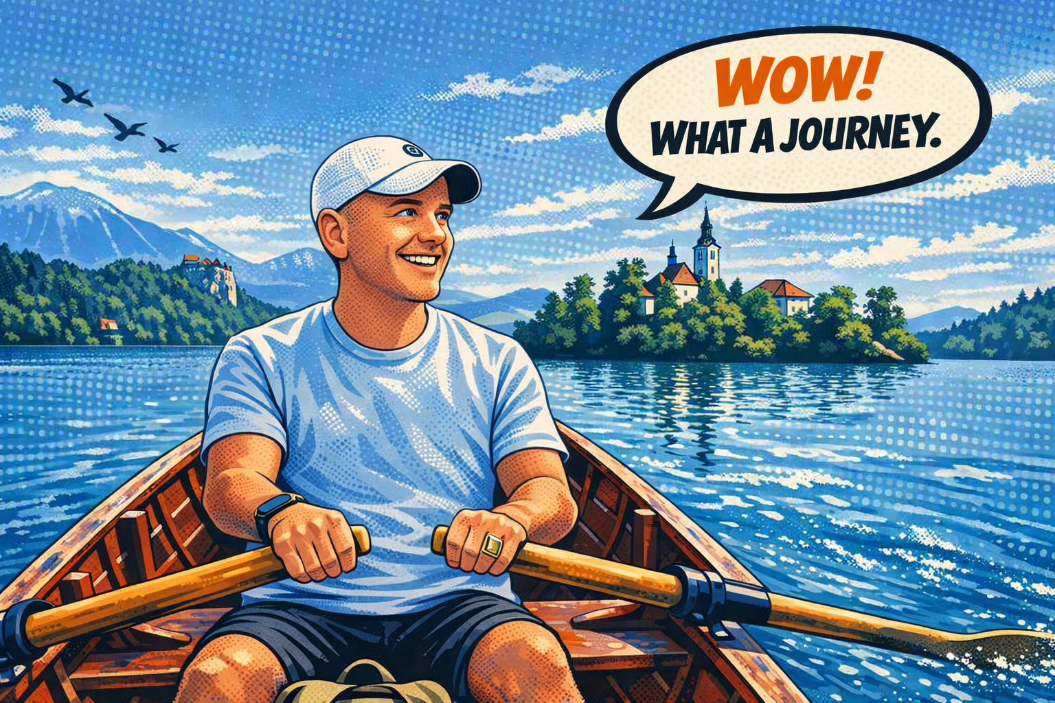 A man rowing a boat on a lake with scenic mountains, trees, a church, and buildings in the background, in a comic or pop art style. He is smiling, wearing a white cap, a blue shirt, and a watch. There is a speech bubble that says, "WOW! WHAT A JOURNEY."