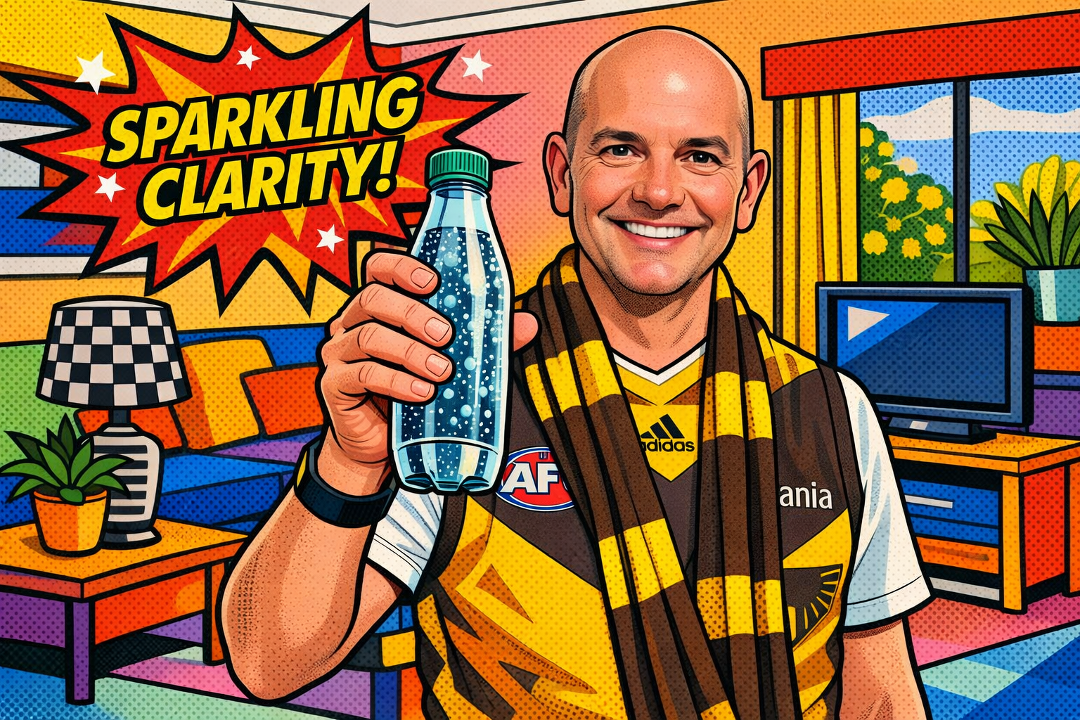 A man smiling, wearing a yellow and black striped scarf and shirt with the AFL logo, holds a sparkling water bottle in a colorful, comic-style living room with a sign that says 'Sparkling Clarity.'