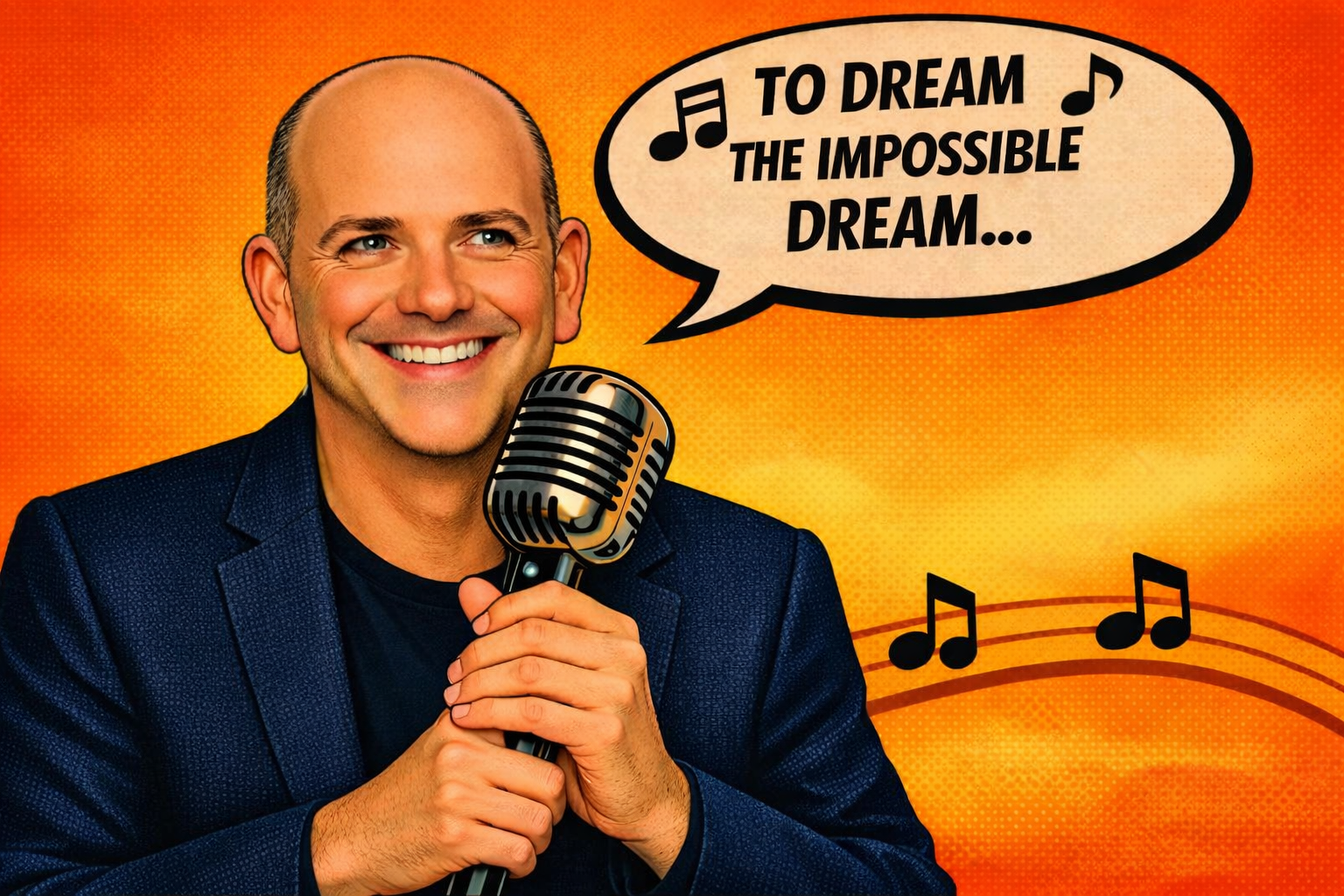 Man in a navy blue suit jacket and T-shirt holds an old-style microphone with both hands and is singing with a quote bubble and a line of music at the bottom of the image.