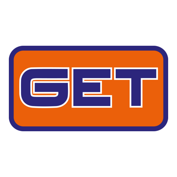 The image shows a logo with the word 'GET' in bold, blue letters outlined in white, inside an orange rectangular background with rounded corners and a blue border.