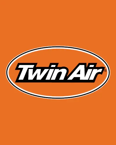 Orange background with the Twin Air logo in the center, featuring black and white text inside an oval outline.