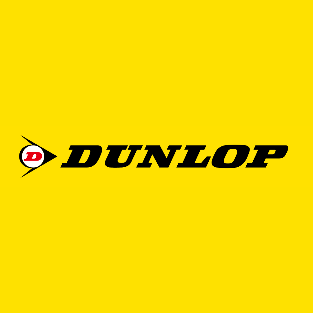 Dunlop logo with yellow background, black text, and a red 'D' inside a white and black emblem.