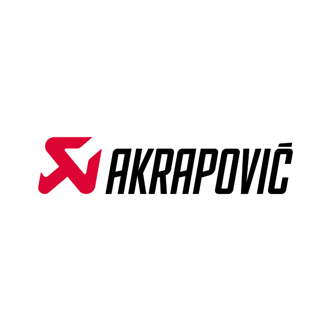 Logo with a red abstract symbol and the name 'AKRAPOVIC' in bold black letters.
