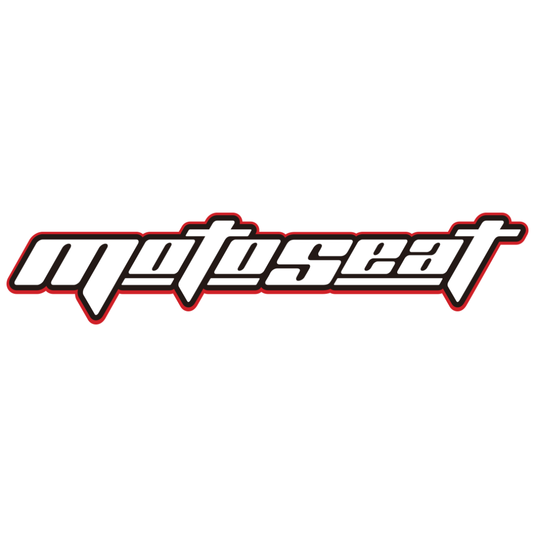 Stylized logo with the word 'motoseat' in bold, slanted white letters outlined in black and red.