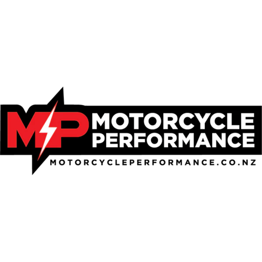 Logo for Motorcycle Performance, featuring red and black text with a lightning bolt, and the website motorcycleperformance.co.nz