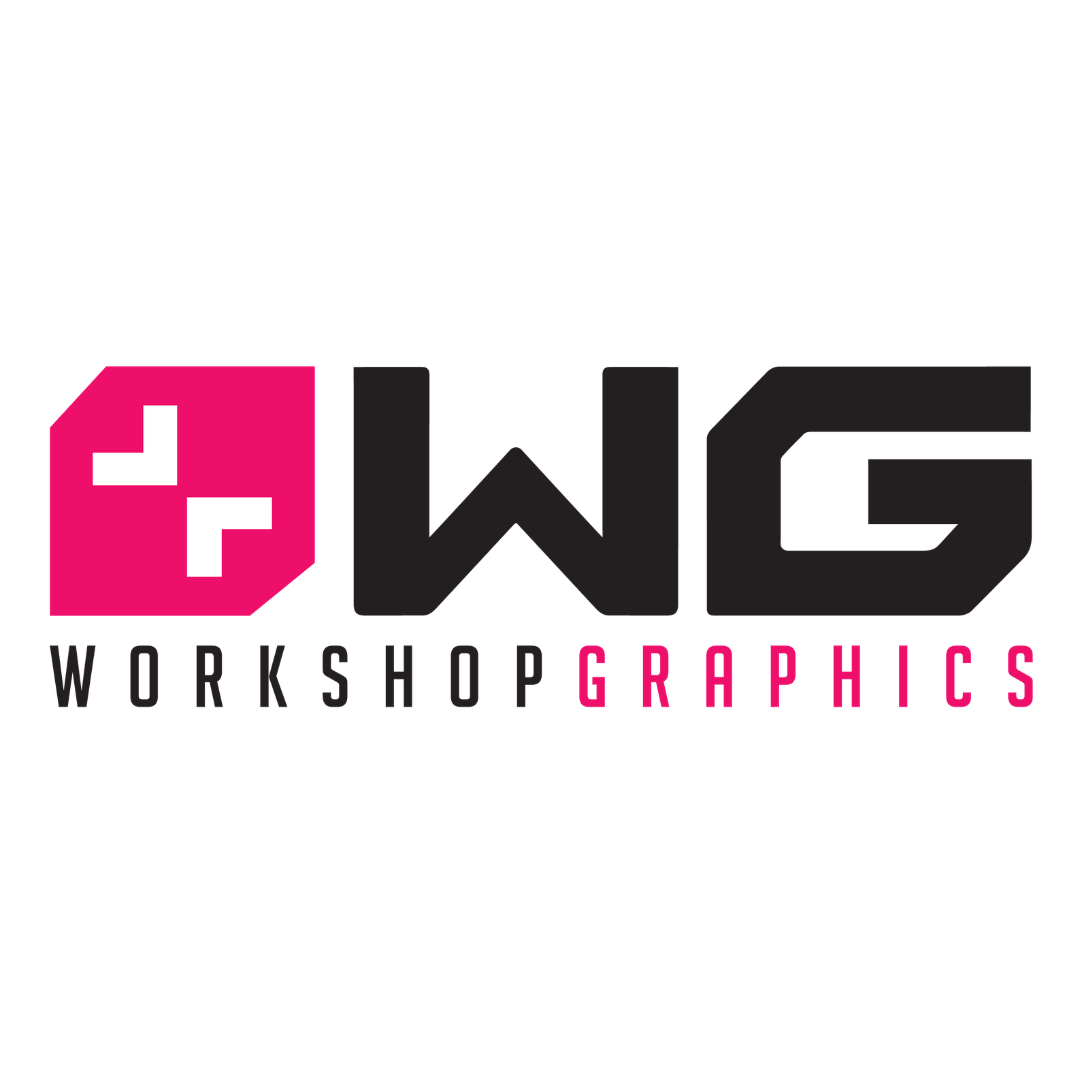 Workshop Graphics logo with pink and black text and symbol
