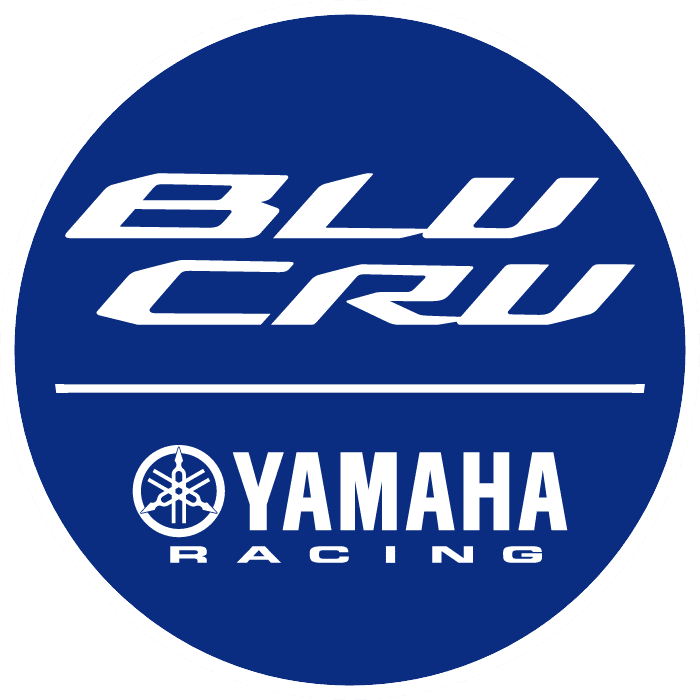 Blue circular logo with white text that says 'Blue Crew' and 'Yamaha Racing' with Yamaha's tuning fork emblem.