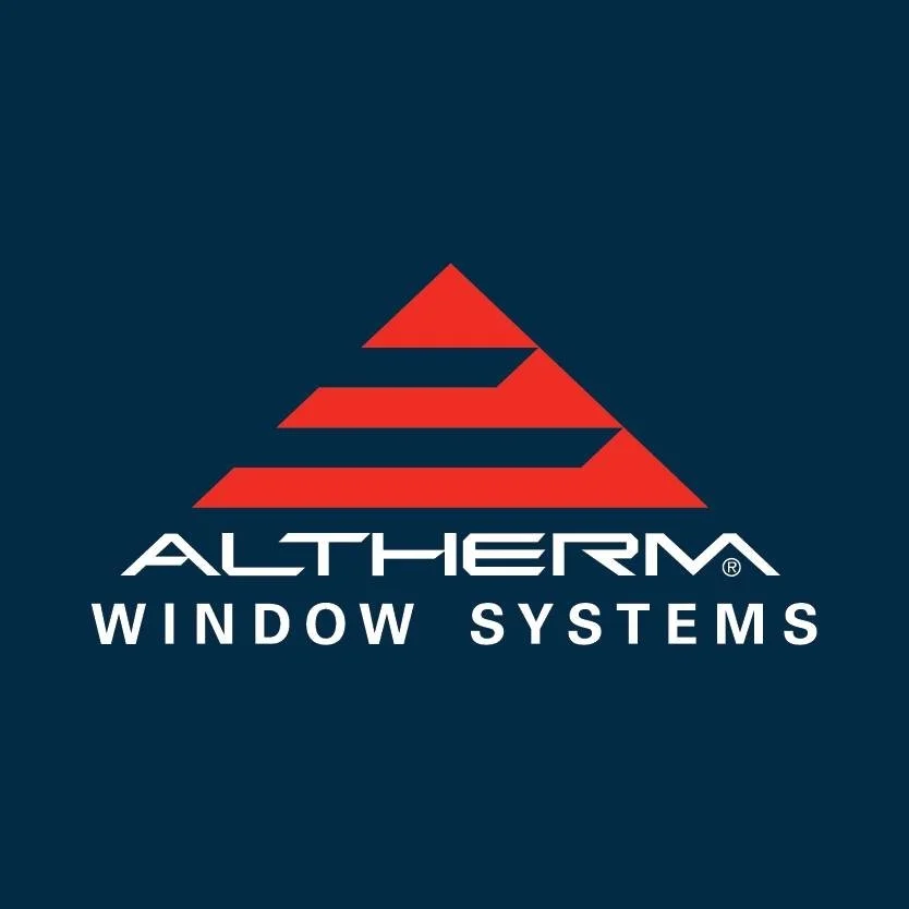 Logo of AlTherma Window Systems featuring a stylized red pyramid design on a dark blue background with white text.
