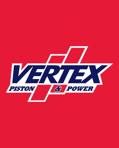 Vertex Piston & Power logo with red background, featuring stylized white and blue text and graphic elements.