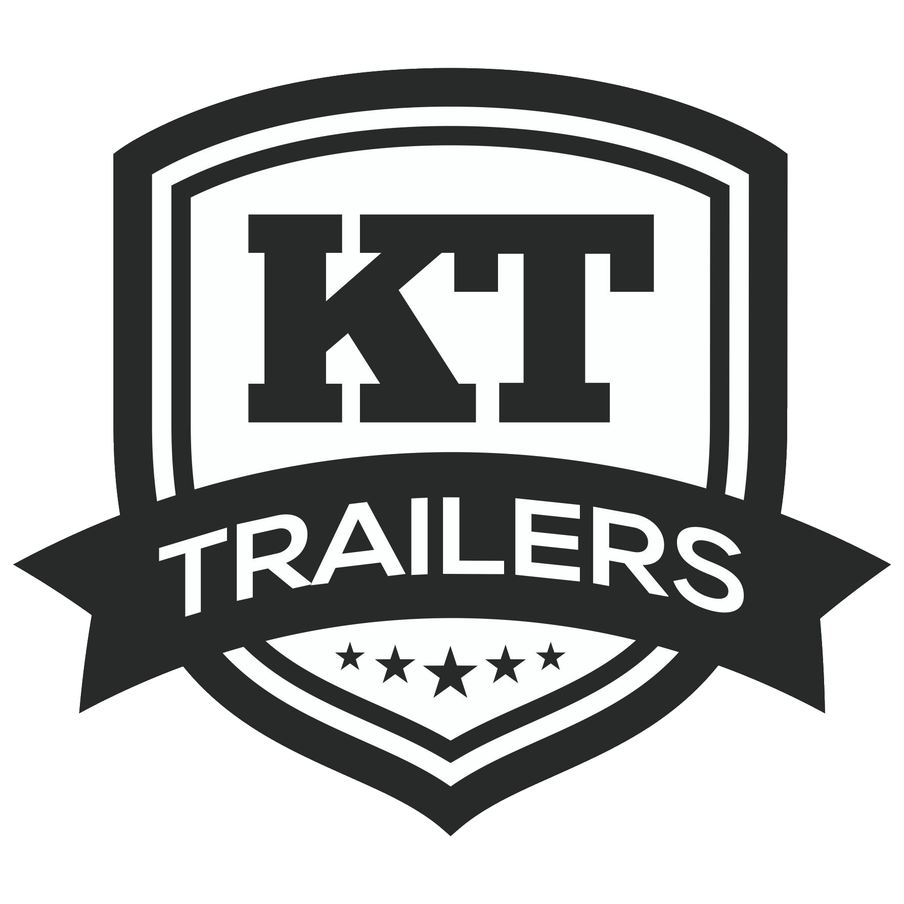 Black and white logo with bold letters 'KT' inside a shield with stars at the bottom and the word 'TRAILERS' below.
