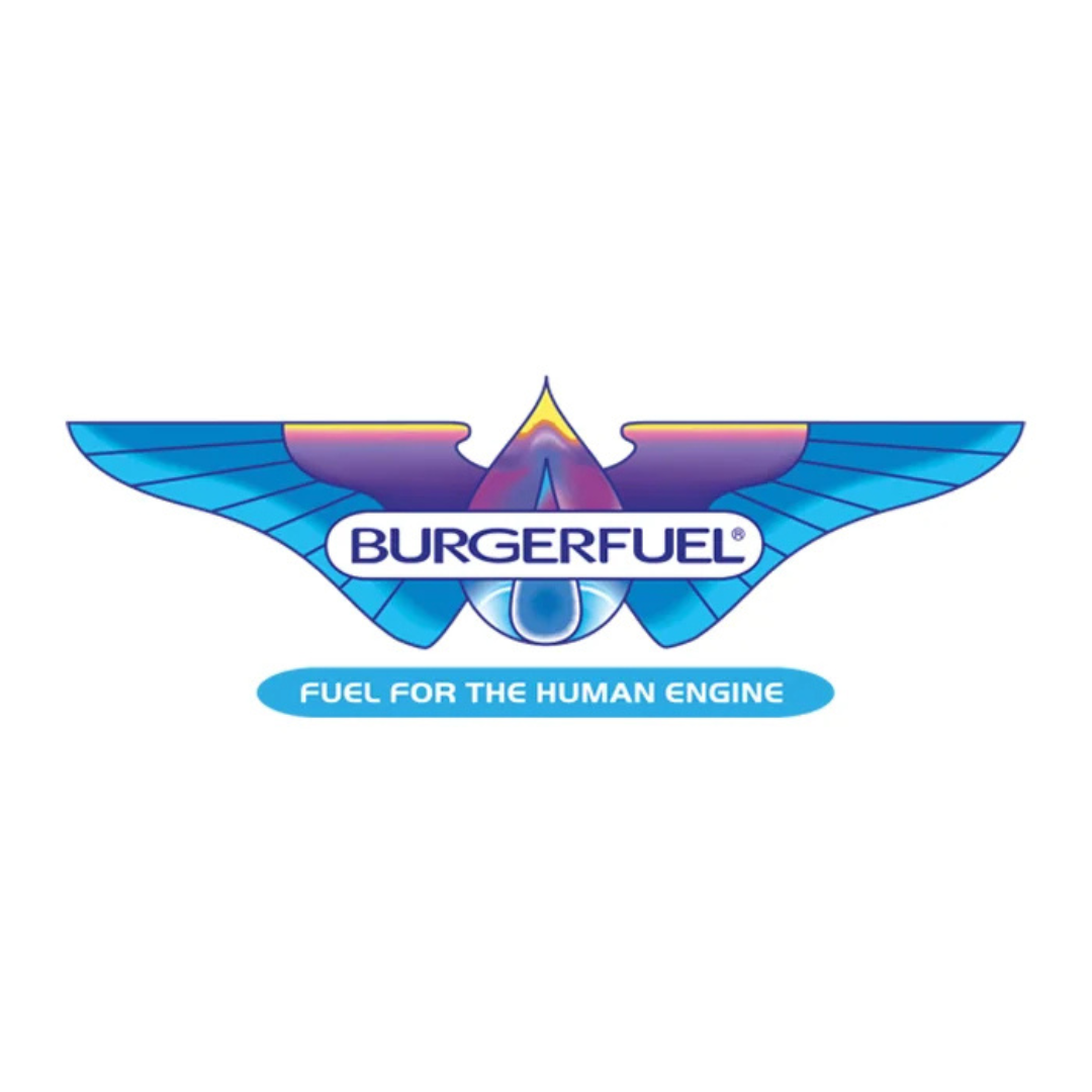 Logo of BurgerFuel with a stylized butterfly and the slogan 'Fuel for the Human Engine'.