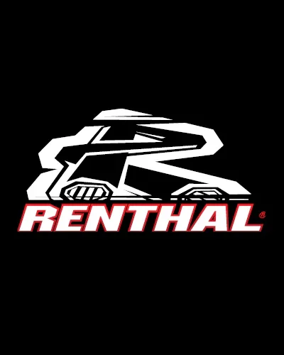 Renthal logo featuring a stylized racing helmet with bold red and white text