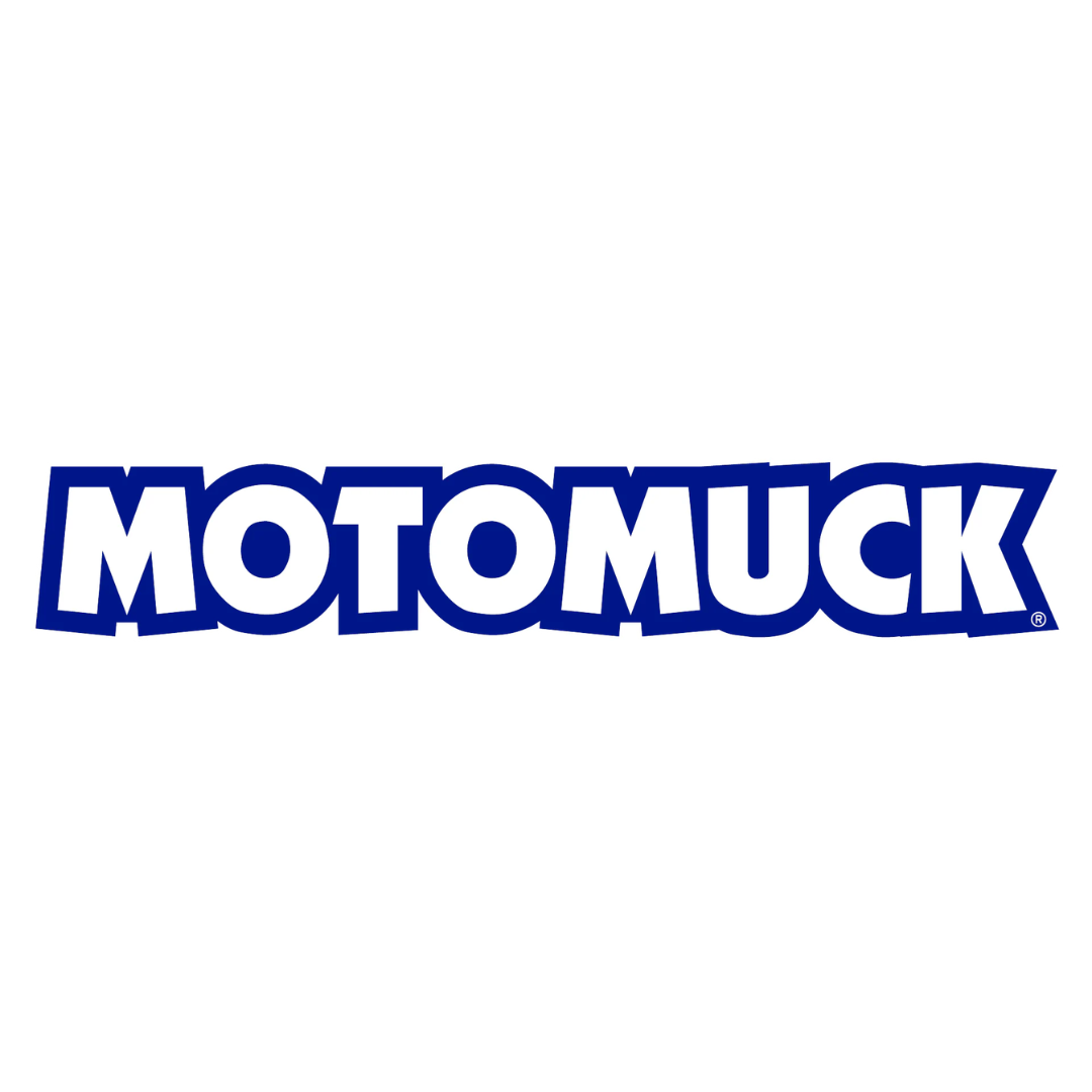 The Motomuck logo with bold blue letters on a white background, displayed upside down.