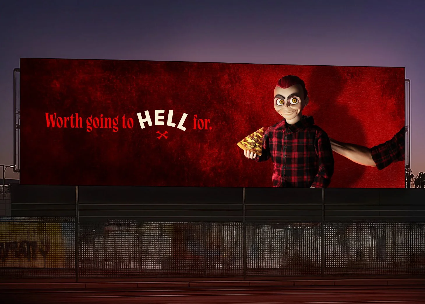 Billboard with Hell Pizza puppet by Paul Lewis