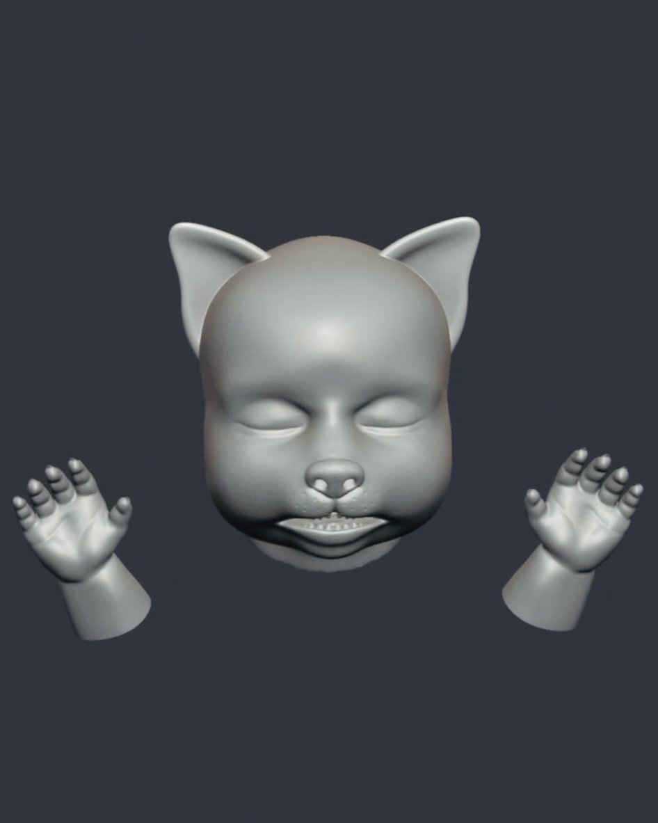 3D digital model of a chubby creature with a cat-like face, closed eyes, and large ears, raising its hands in a playful gesture.