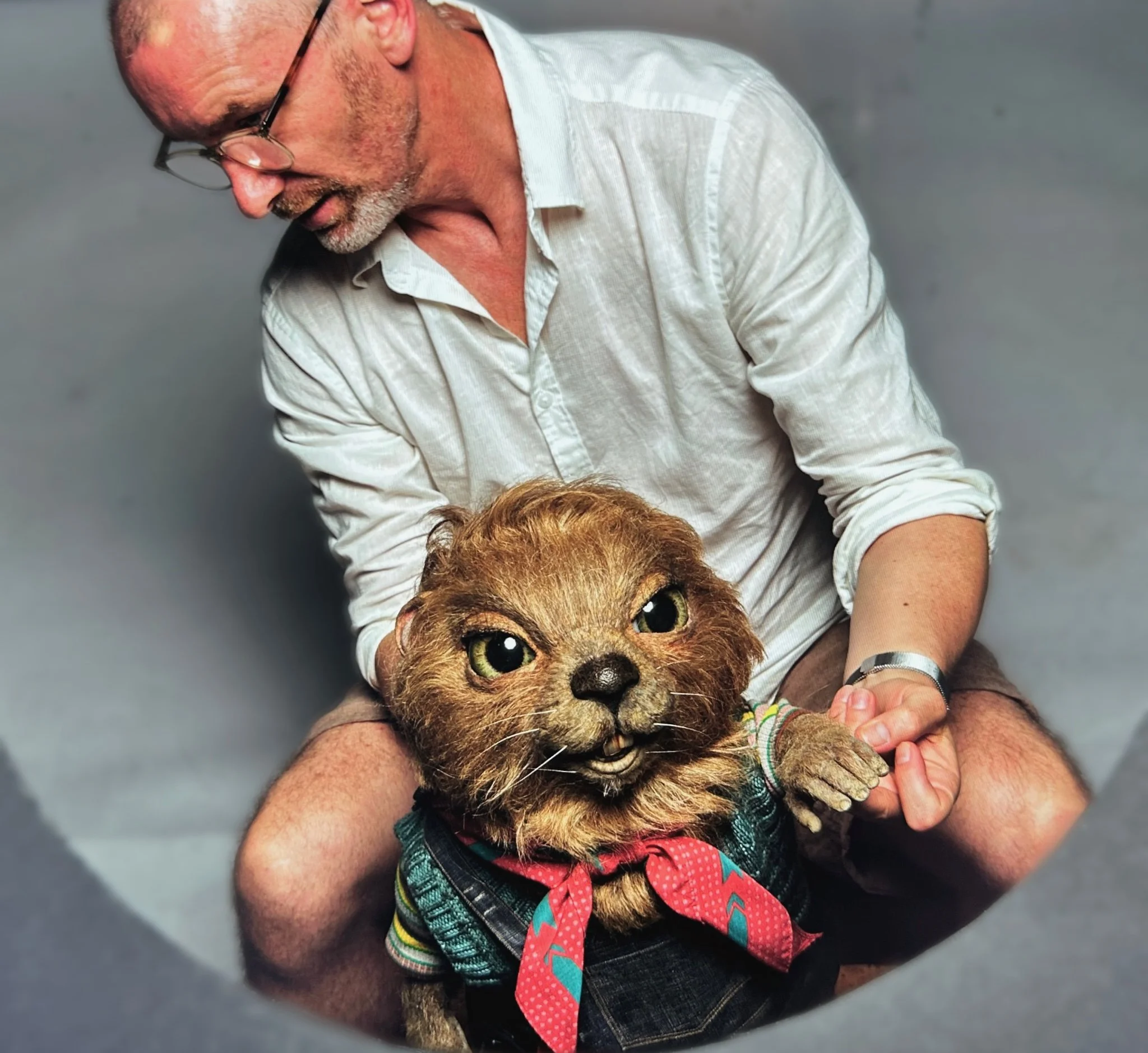 Puppeteer Paul Lewis and the animatronic gopher hybrid Bobby from the Netflix series Sweet Tooth