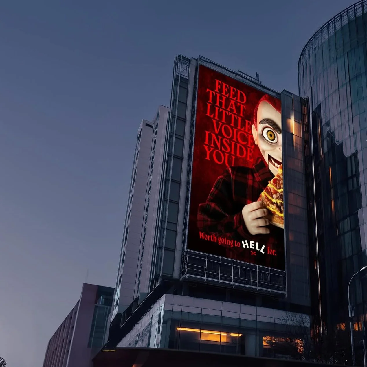 Billboard with Hell Pizza puppet by Paul Lewis