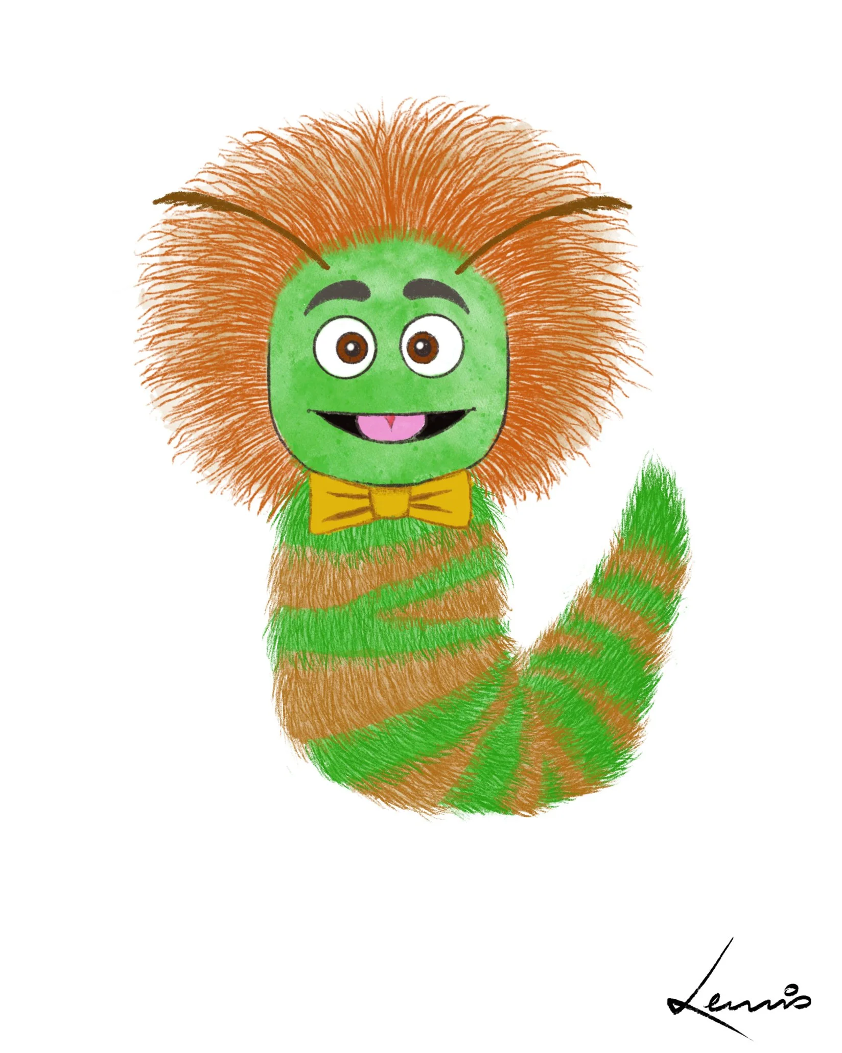 A cartoon character with a green face, large brown eyes, a big smile with a tongue sticking out, and fluffy orange hair. The character has green and orange striped fur, wears a yellow bow tie, and has small antennae on its head.