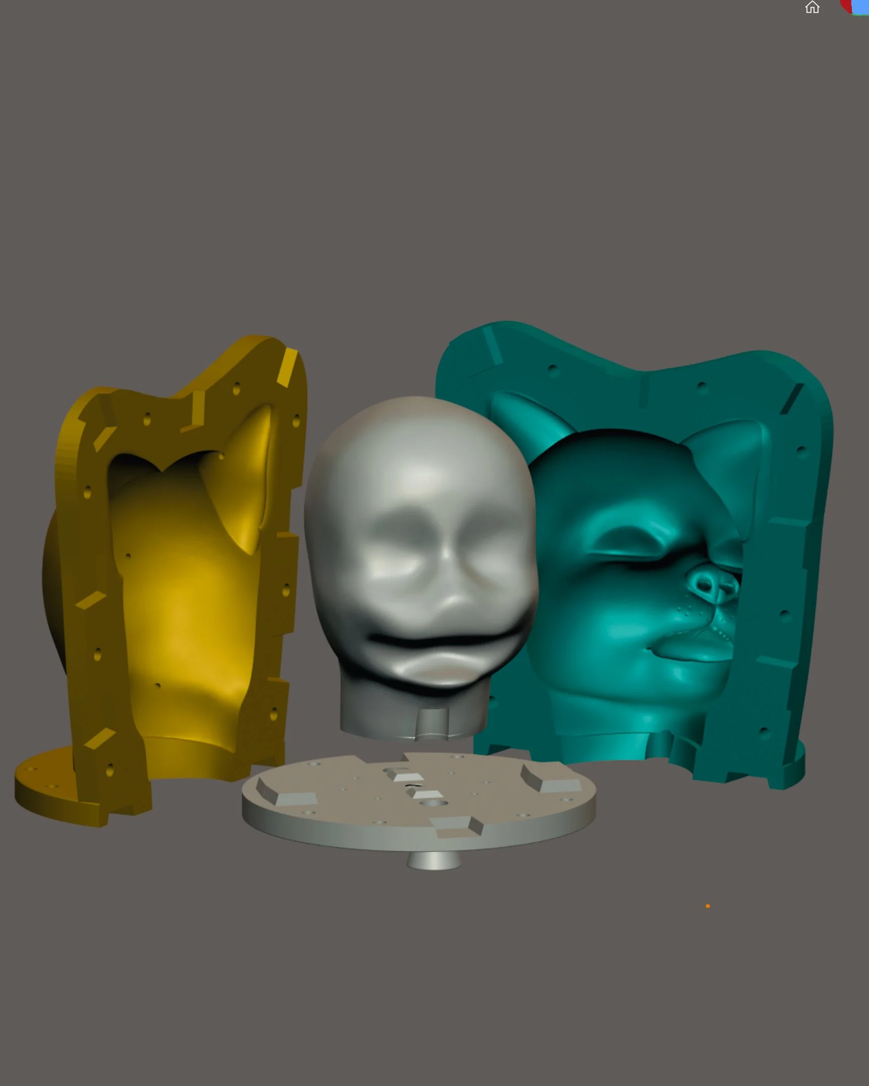 Digital 3D rendering of a disassembled robot with a central human-like face and two colorful moldings or casings on either side.