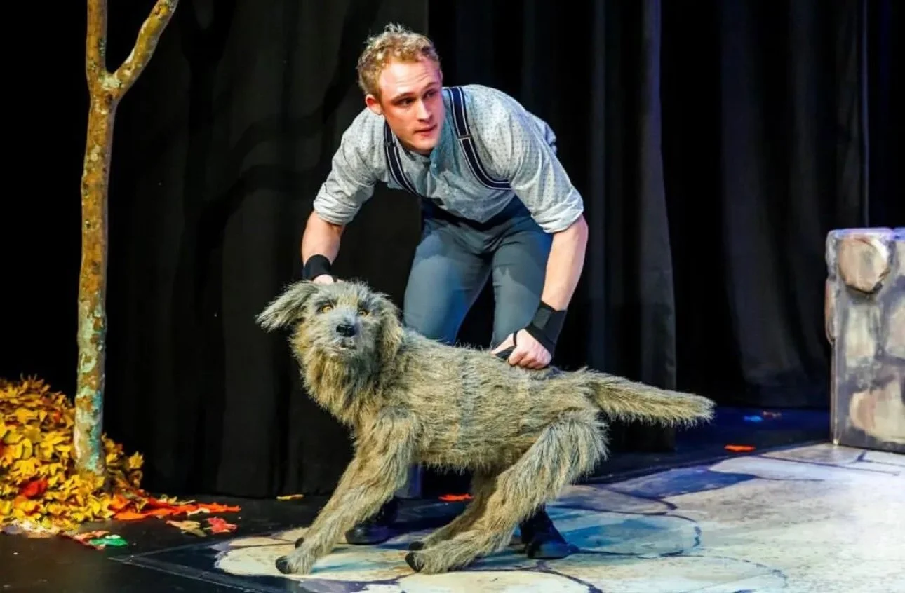 A young man wearing a gray shirt and suspenders performing on stage with a fluffy dog puppet, against a dark curtain backdrop.