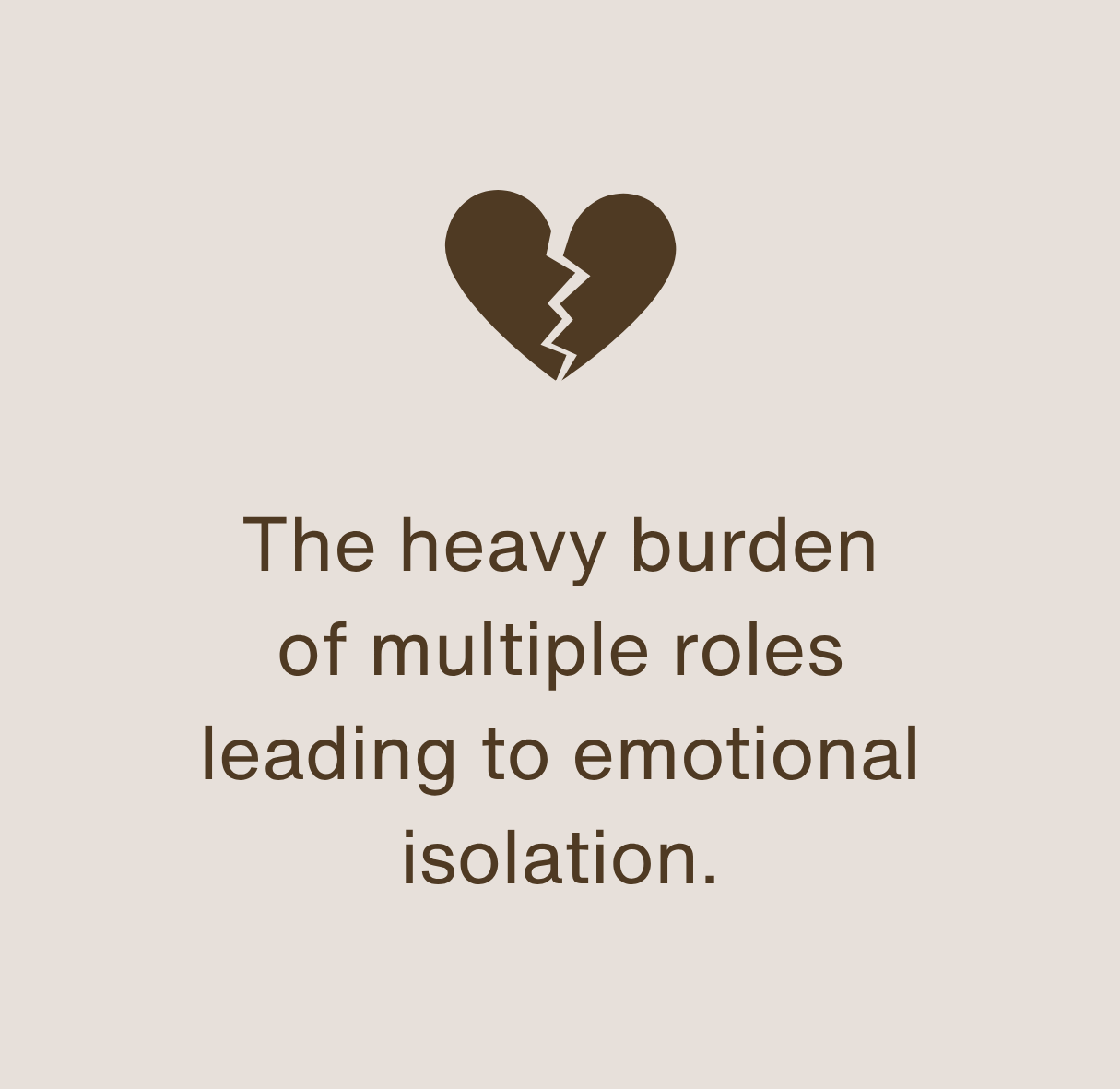 Broken heart icon with the text "The heavy burden of multiple roles leading to emotional isolation."