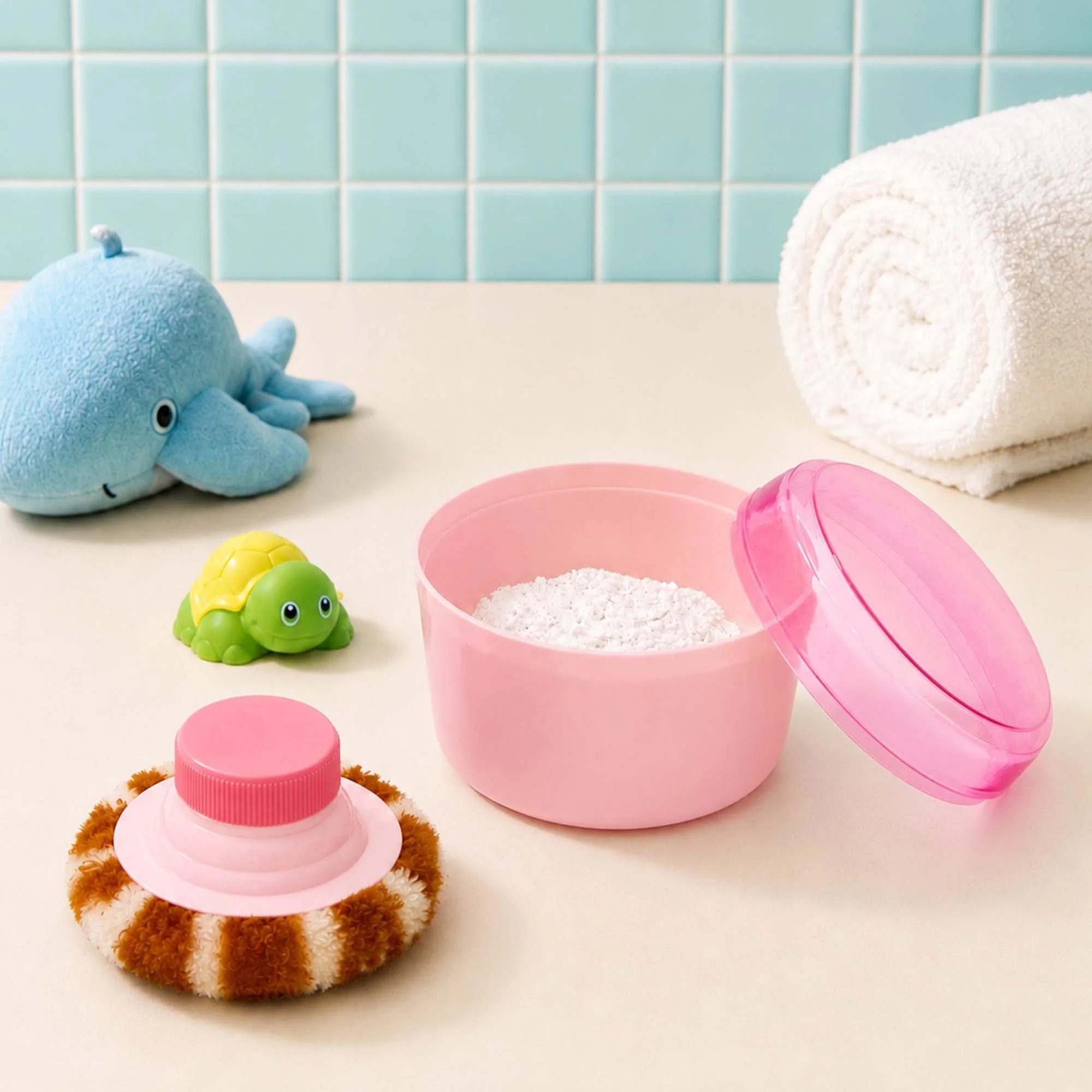 Colorful plush toys resembling a blue whale and a green turtle, pink plastic container with white powder, pink and brown fluffy coaster, rolled white towel, and pink container lid on a white surface with a background of light blue tiled wall.