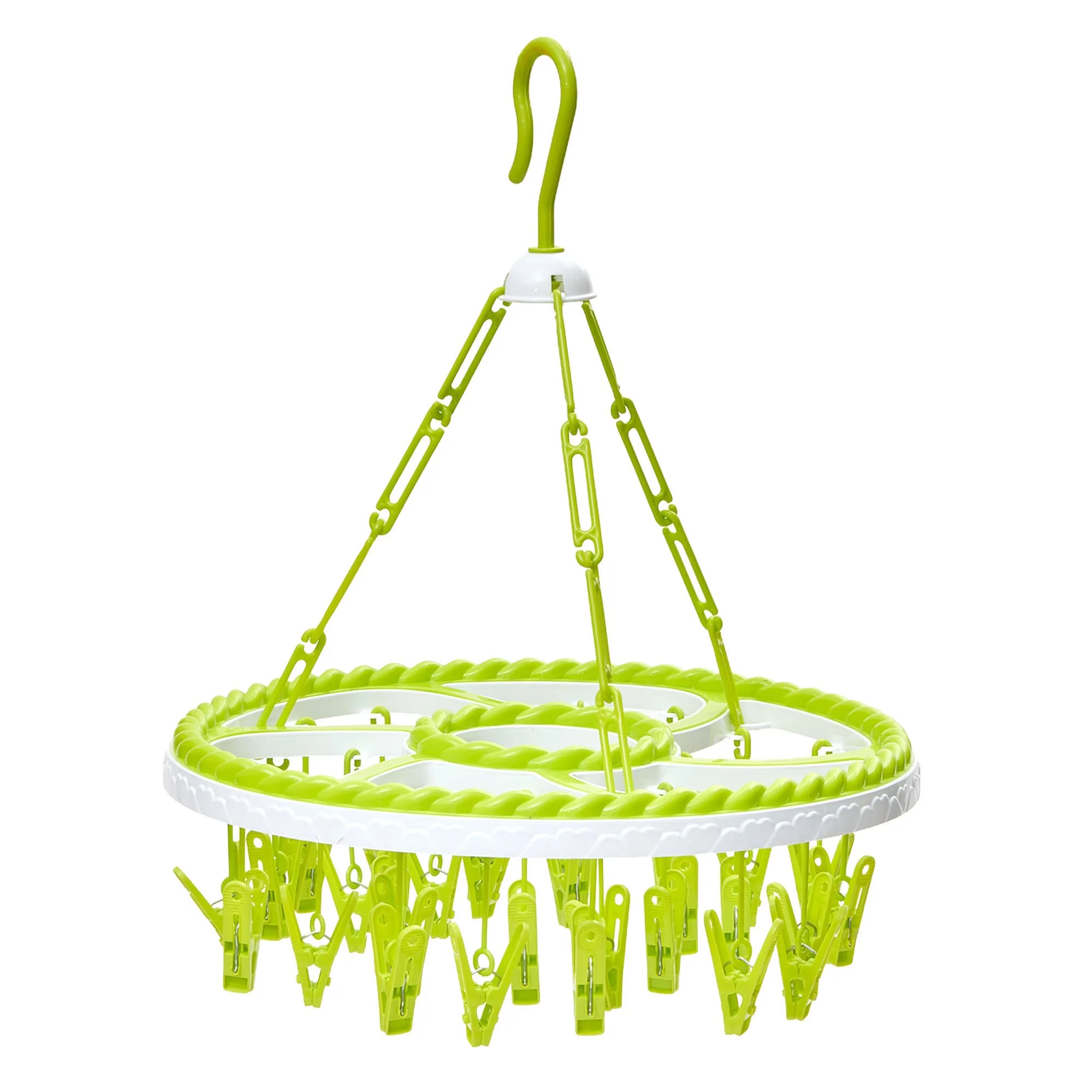 Green and white plastic laundry basket with a circular base, three legs, and a loop handle