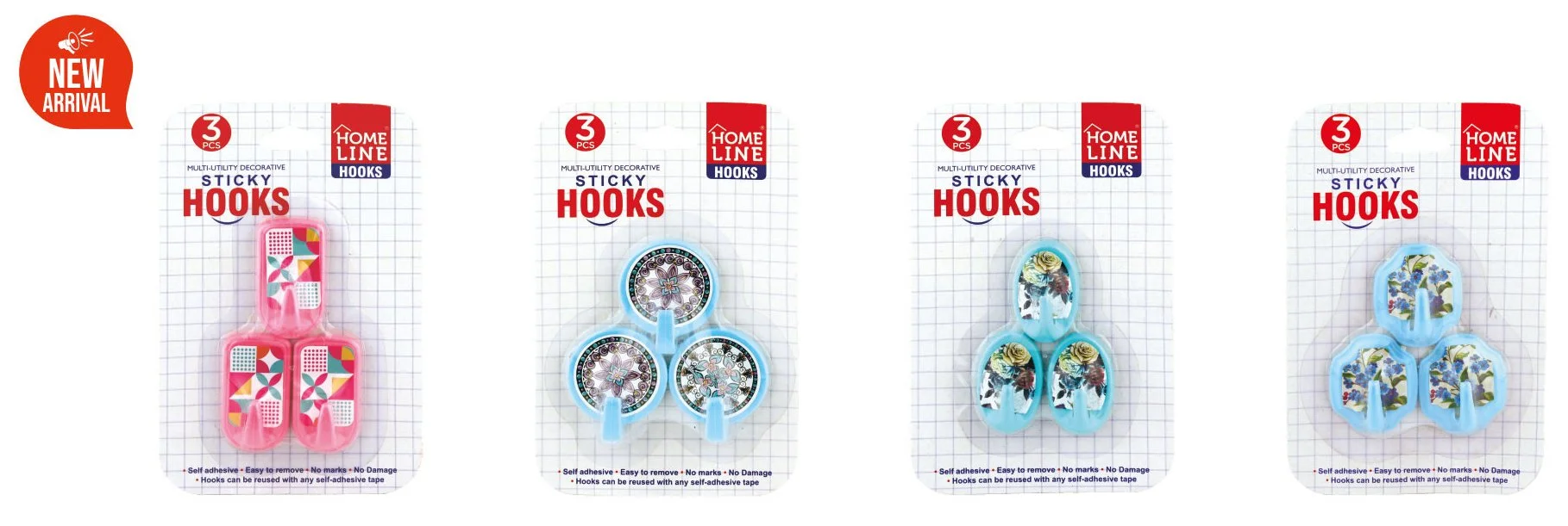 Set of four blister packs containing decorative sticky hooks with various colorful patterns, labeled as new arrivals.