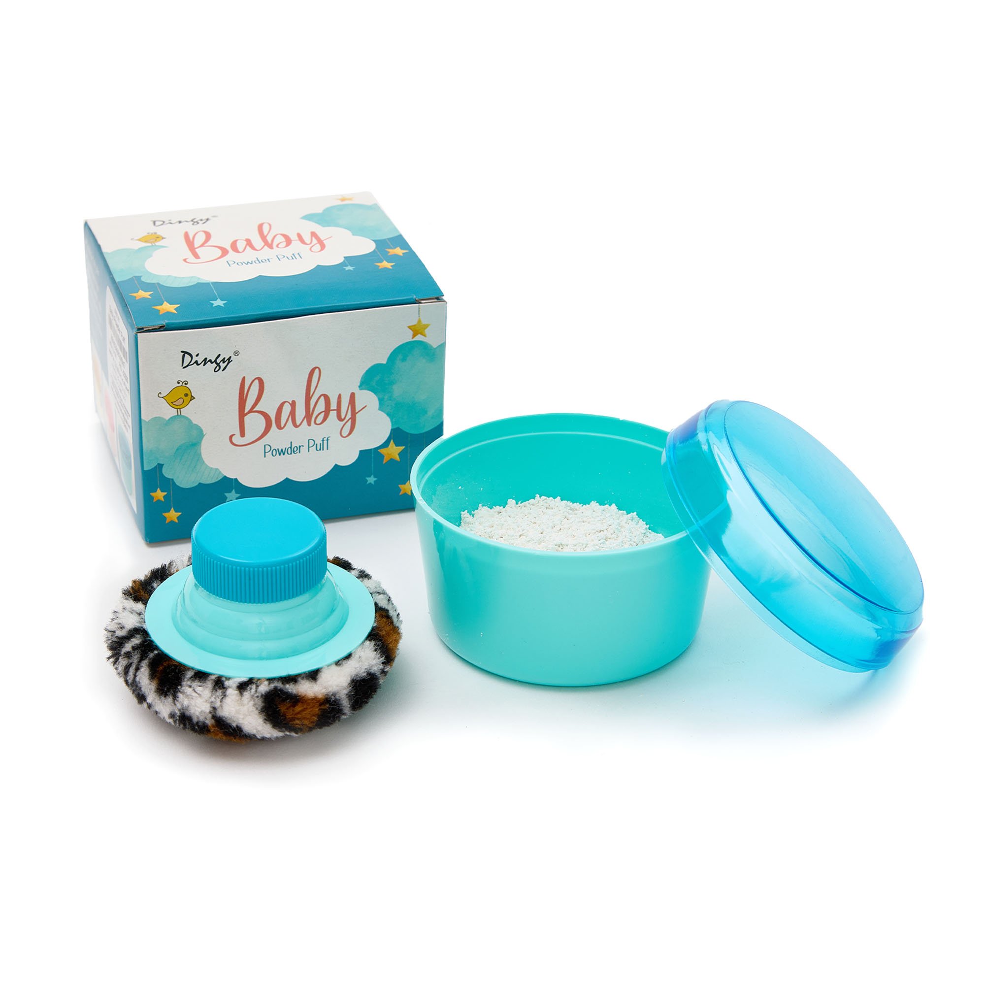 A light blue container with a blue lid containing white powder, accompanied by packaging labeled "Baby Powder Puff" with blue clouds and stars, and a fluffy black and white stuffed animal.