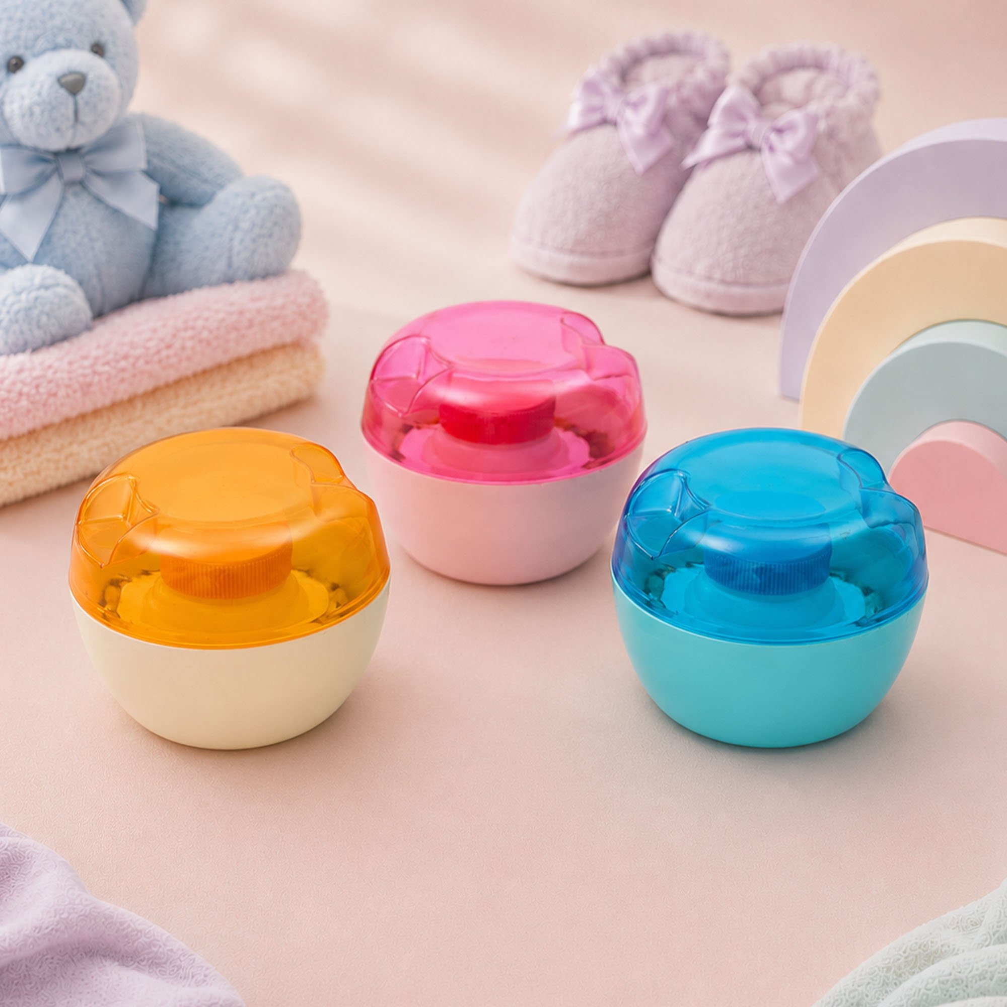 Colorful baby shower decorations including pastel-colored baby bottles with bows, toy teddy bear, folded blankets, and decorative objects on a soft pink background.