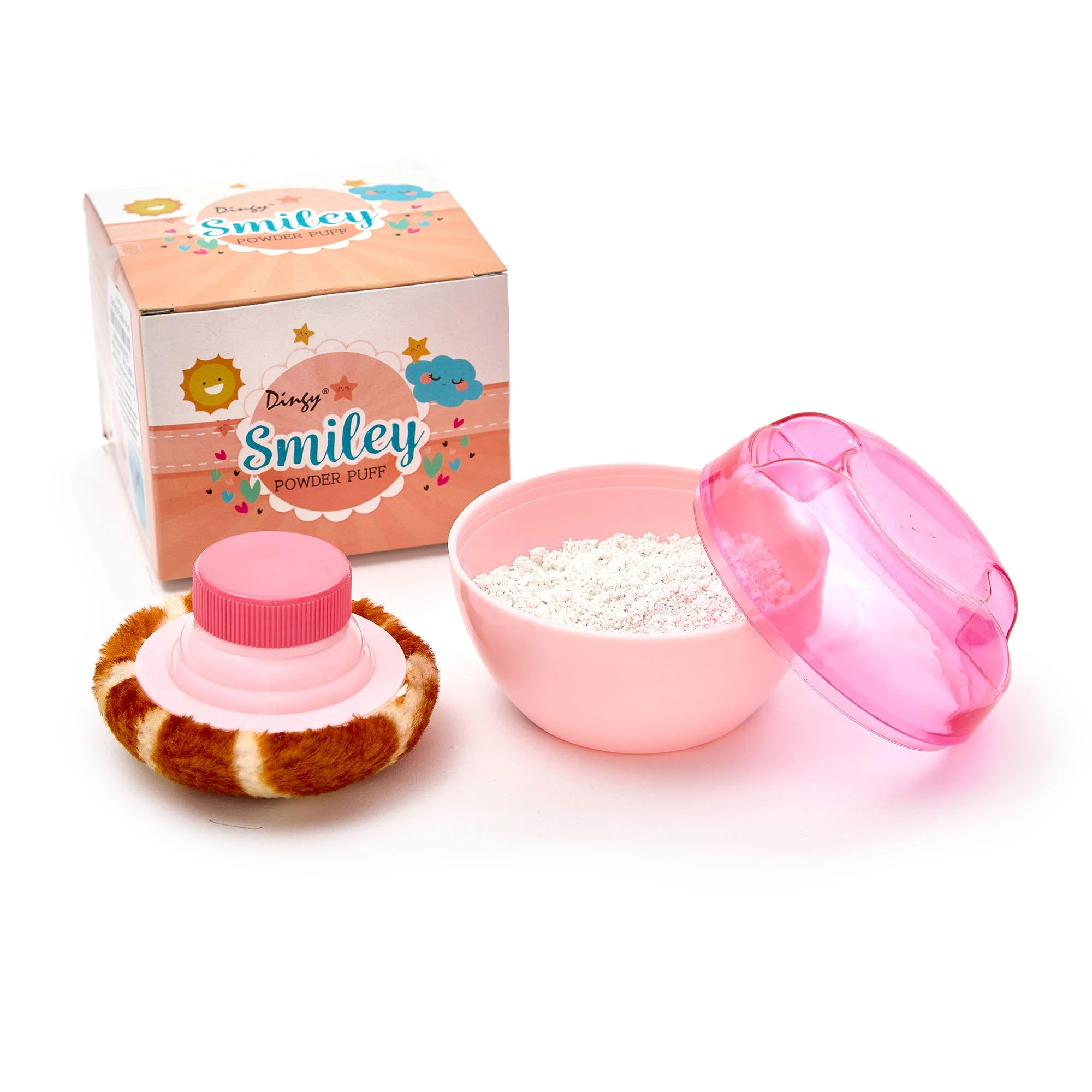 A pink box labeled 'Smiley Powder Puff' with a cute sun, cloud, and star illustrations, a pink powder puff, a pink container, and a pink roller.