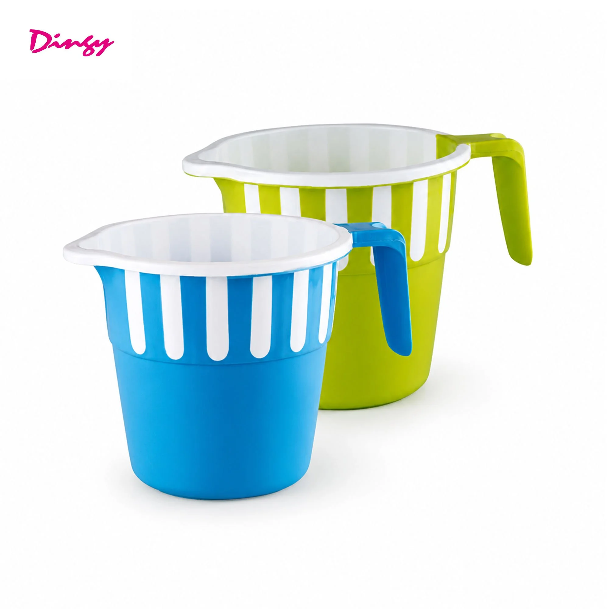 Two plastic buckets with white interiors and colorful exteriors, one blue and one green.