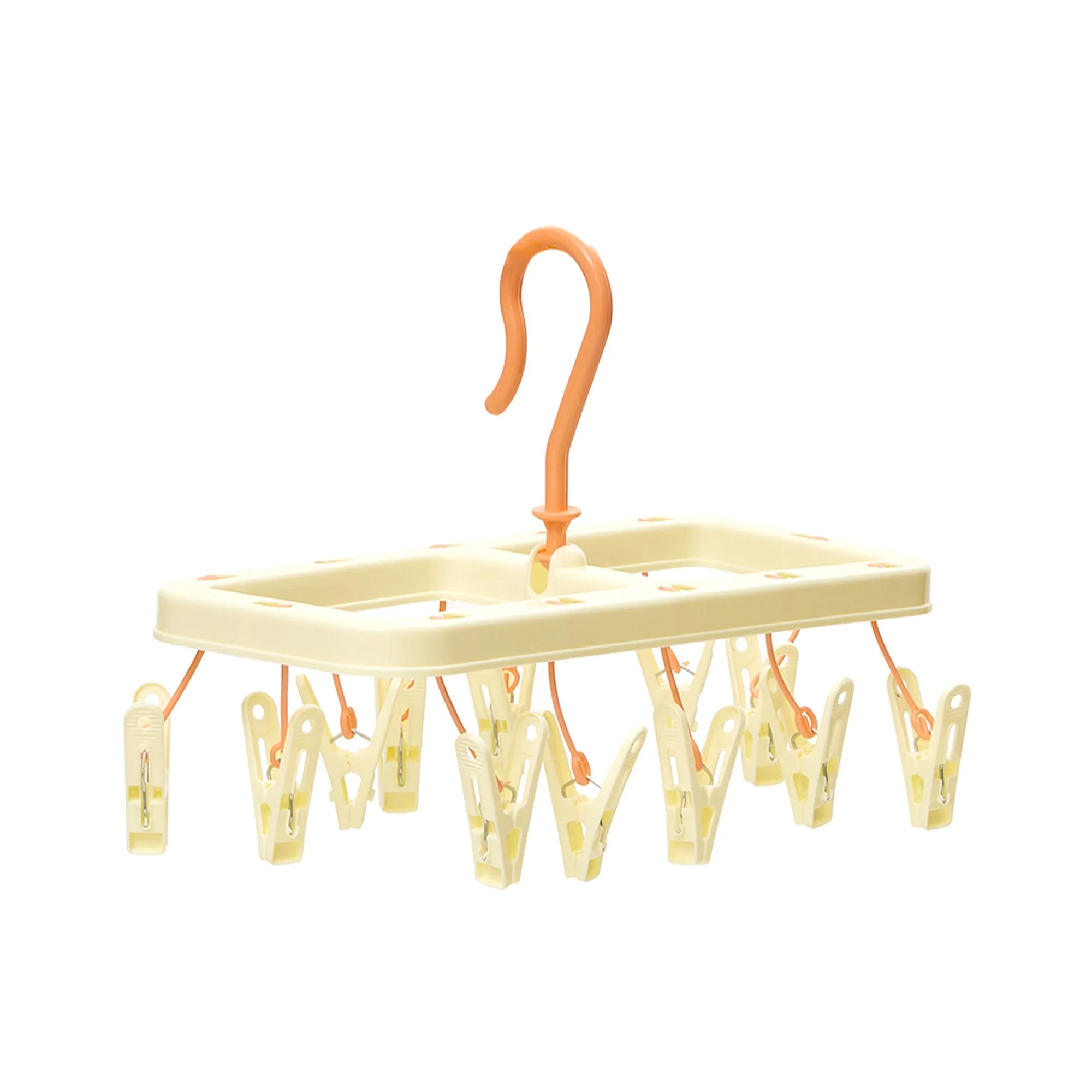 Clothes drying rack with multiple clothespins hanging from a pink plastic hook at the top
