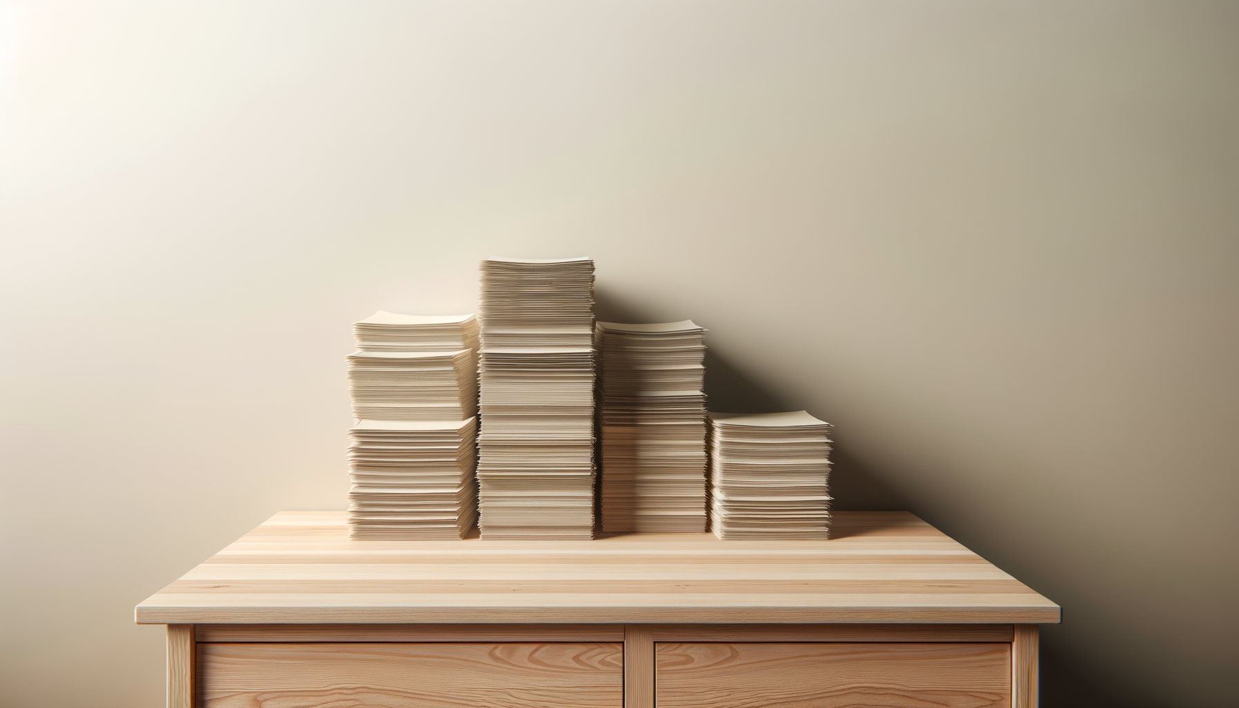 Multiple stacks of white paper on a wooden table against a plain wall.