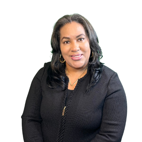 A woman with black hair and hoop earrings, wearing a black zip-up jacket, posing against a black background.