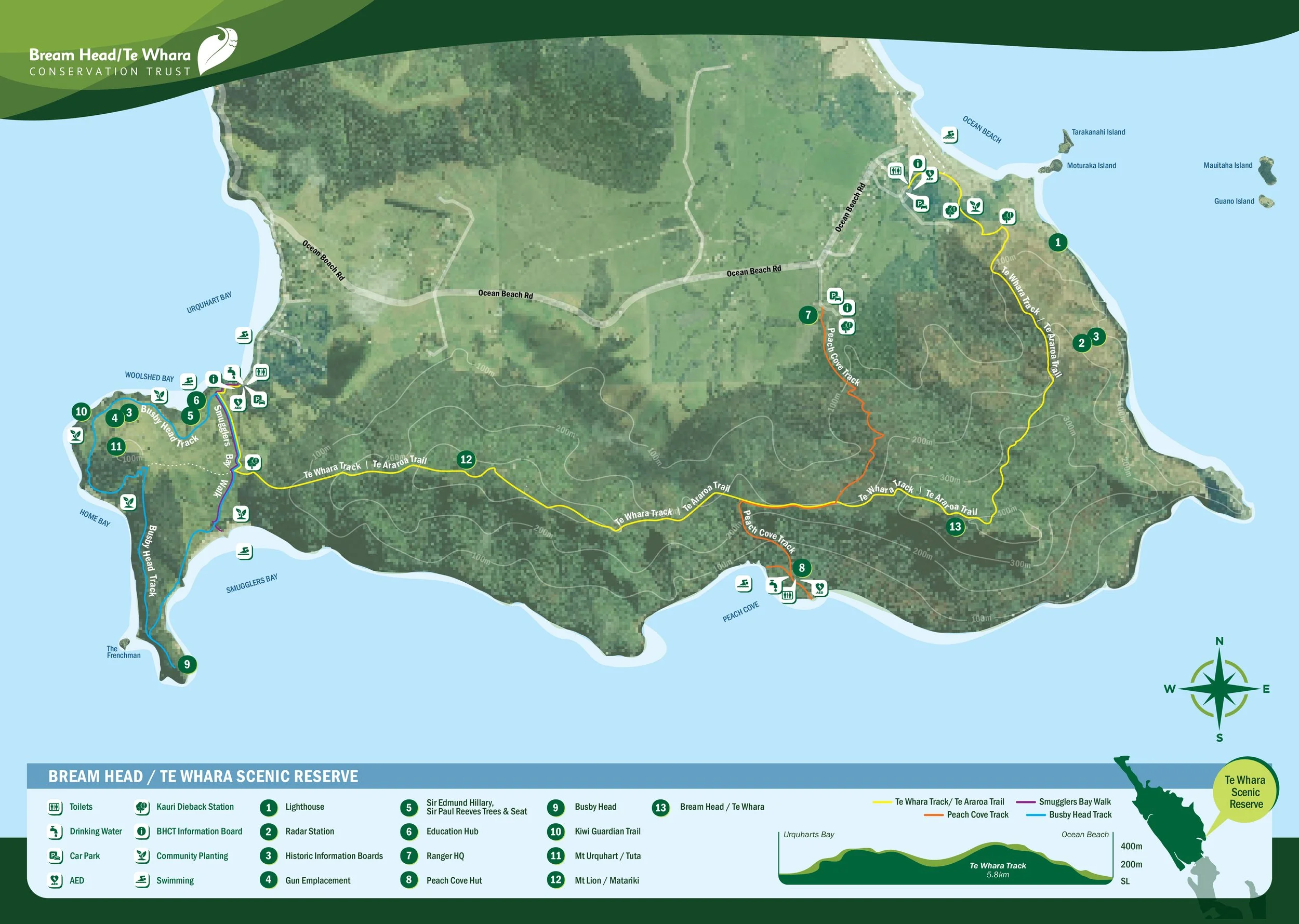 A map of Te Whara Scenic Reserve in Bream Head / Te Whara Conservation Trust, showing trails, points of interest, and facilities around the reserve including beaches, tracks, and landmarks.