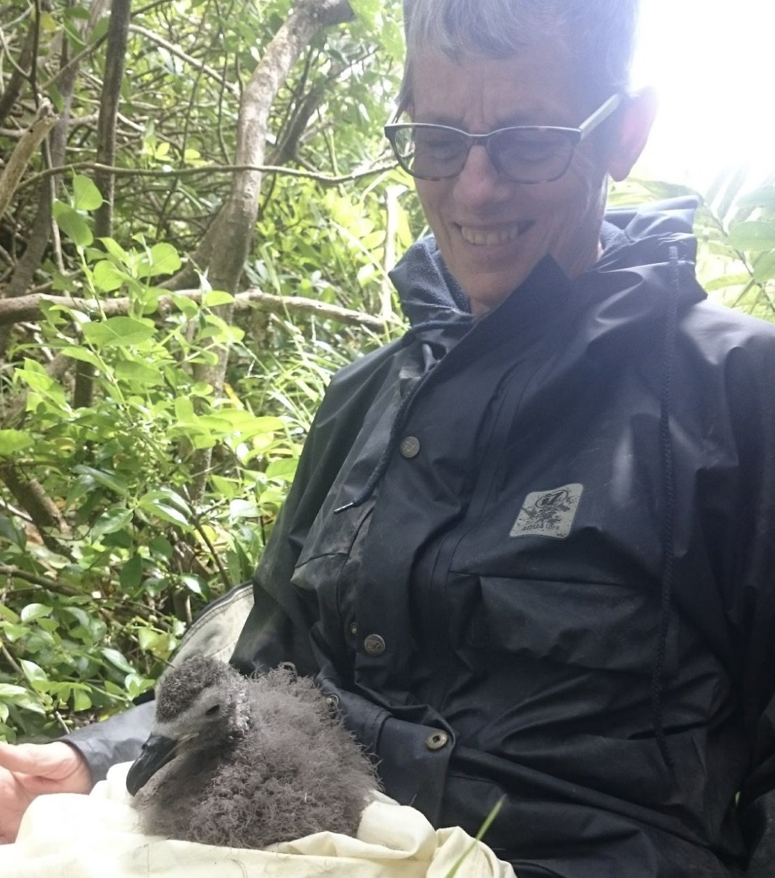A man wearing glasses and a black jacket holding a baby bird in a green forest setting.