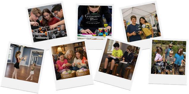 Collage of children and adults participating in various indoor and outdoor activities, including playing with building blocks, dancing, and walking in a park.