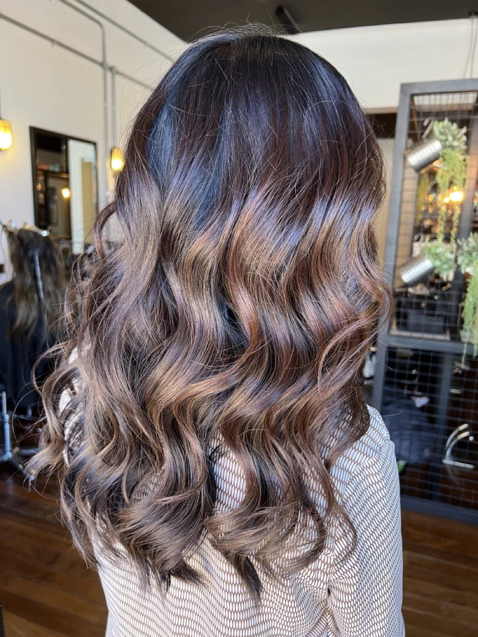 Back of a woman's head showing long, wavy hair with brown and subtle purple highlights in a salon setting.