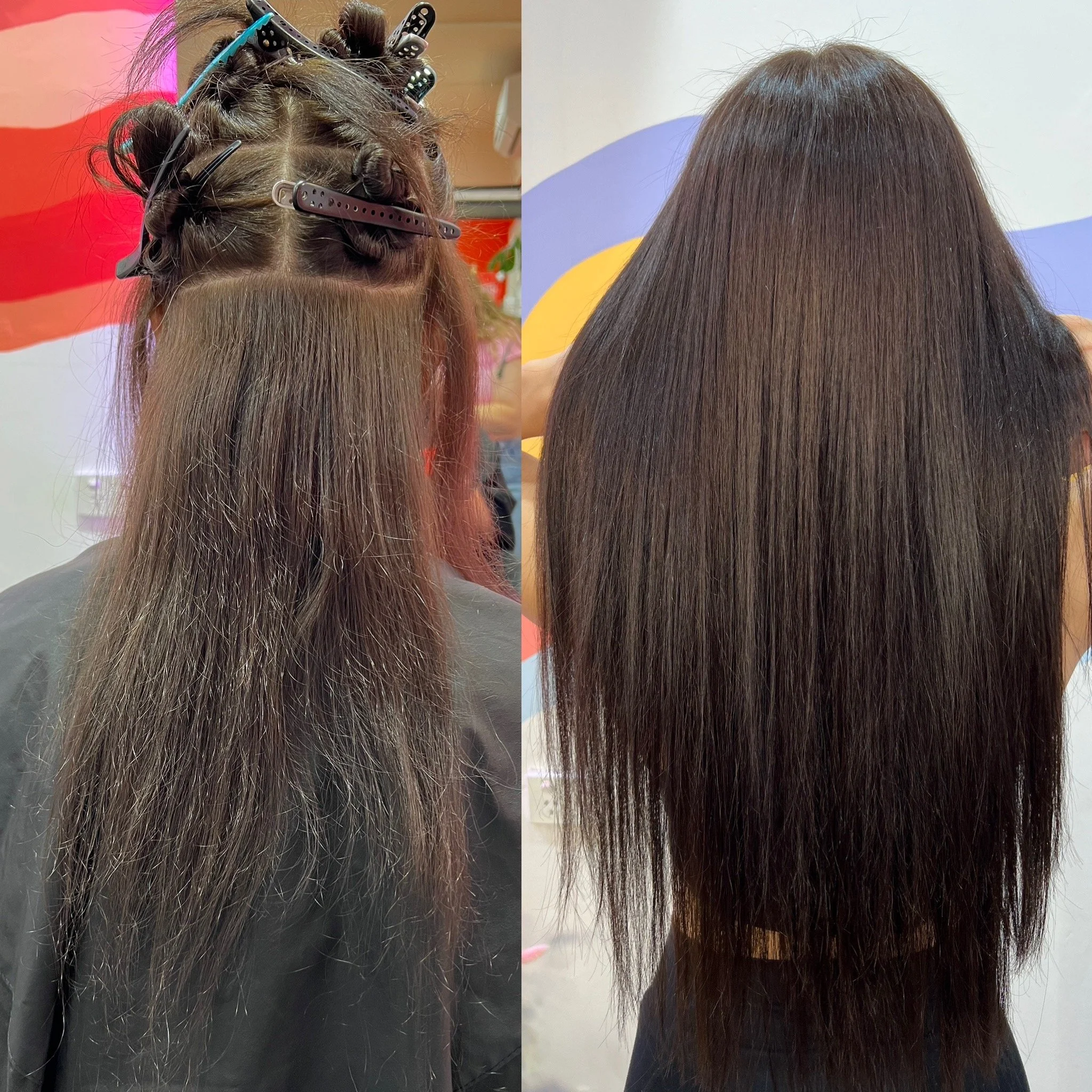 Side-by-side comparison of a woman's hair before and after a professional hair treatment. The left side shows the hair dirty, frizzy, and with some hair rollers and clips. The right side shows the hair smooth, shiny, and straight after the treatment.