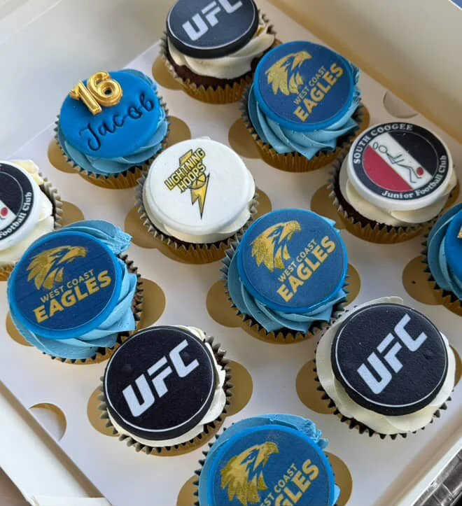Cupcakes decorated with logos of UFC, West Coast Eagles, Lightning Hoops, and South Ottawa Junior Football Club, with some displaying names or numbers.