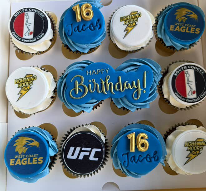 Cupcakes with football team logos, a "Happy Birthday" message, the number 16, and the name Jacob, all decorated in blue, white, yellow, and black icing.