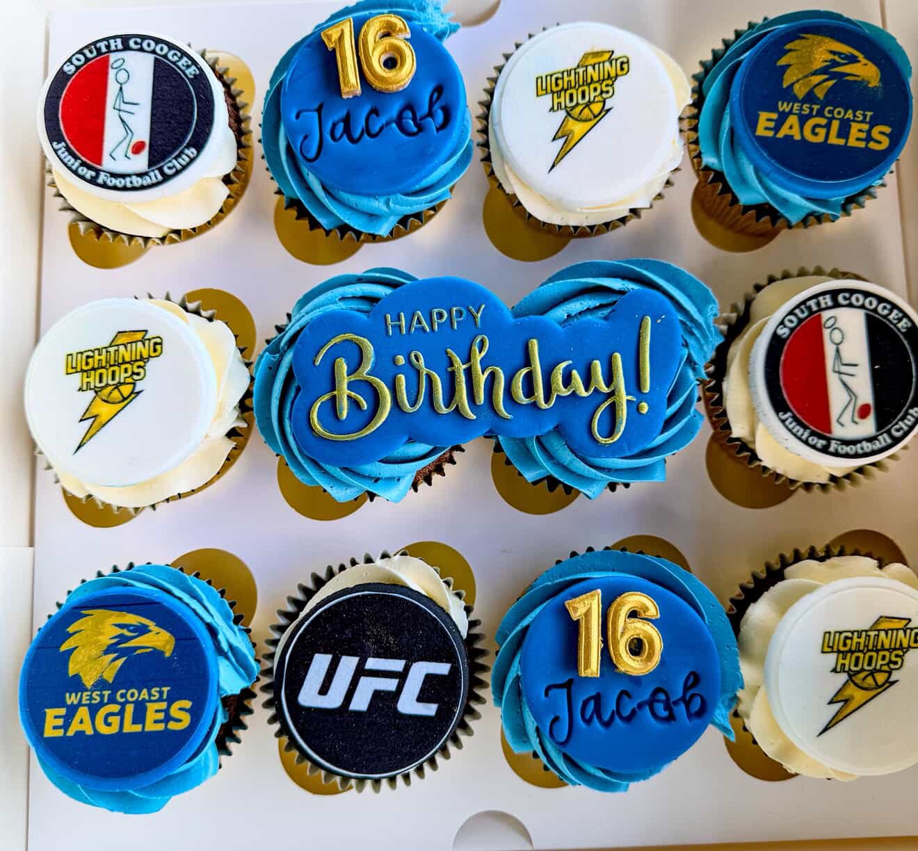 Box of cupcakes decorated with football team logos and a birthday message for Jacob, celebrating his 16th birthday.