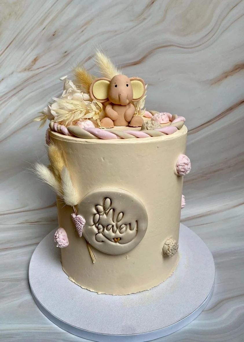 A white cake with a cute elephant figurine on top and "hello baby" written on a fondant plaque, decorated with pastel-colored candies, dried flowers, and fluffy decorations.