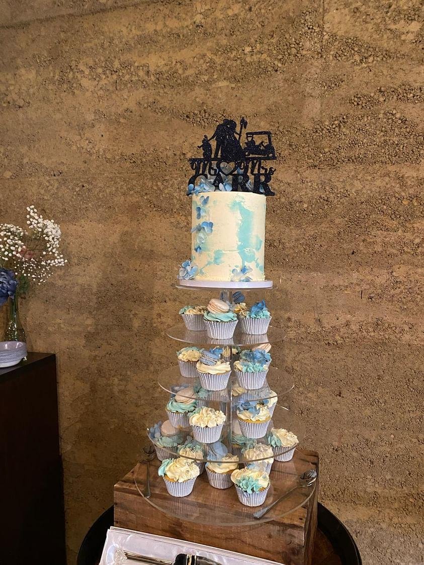 A wedding cake with a black topper featuring a bride and groom, surrounded by cupcakes with pastel-colored frosting, on a tiered stand against a textured brown wall.
