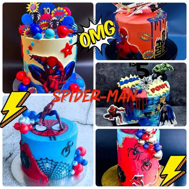 Collage of five Spider-Man themed birthday cakes. The top left cake is decorated with Spider-Man images, red and blue balls, and comic book elements with a 