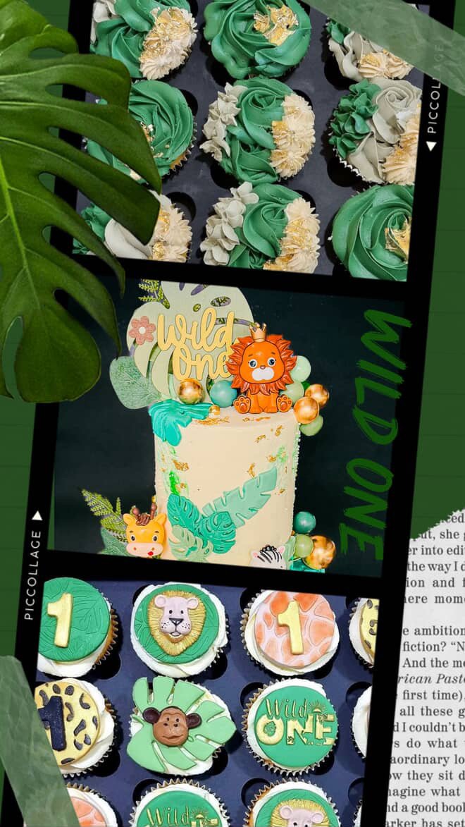 Cupcakes decorated with jungle animals and the words 'Wild One,' along with a birthday cake featuring jungle-themed decorations and a lion and giraffe figure, surrounded by gold and teal balls.