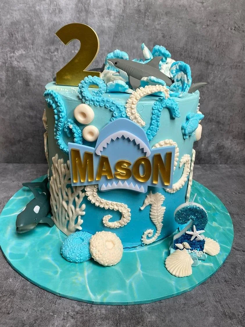 A sea-themed birthday cake for Mason's 2nd birthday decorated with edible sea creatures like sharks, octopuses, seahorses, shells, and sea stars, with a large gold number 2 on top and a Shark mascot cutout in the middle.