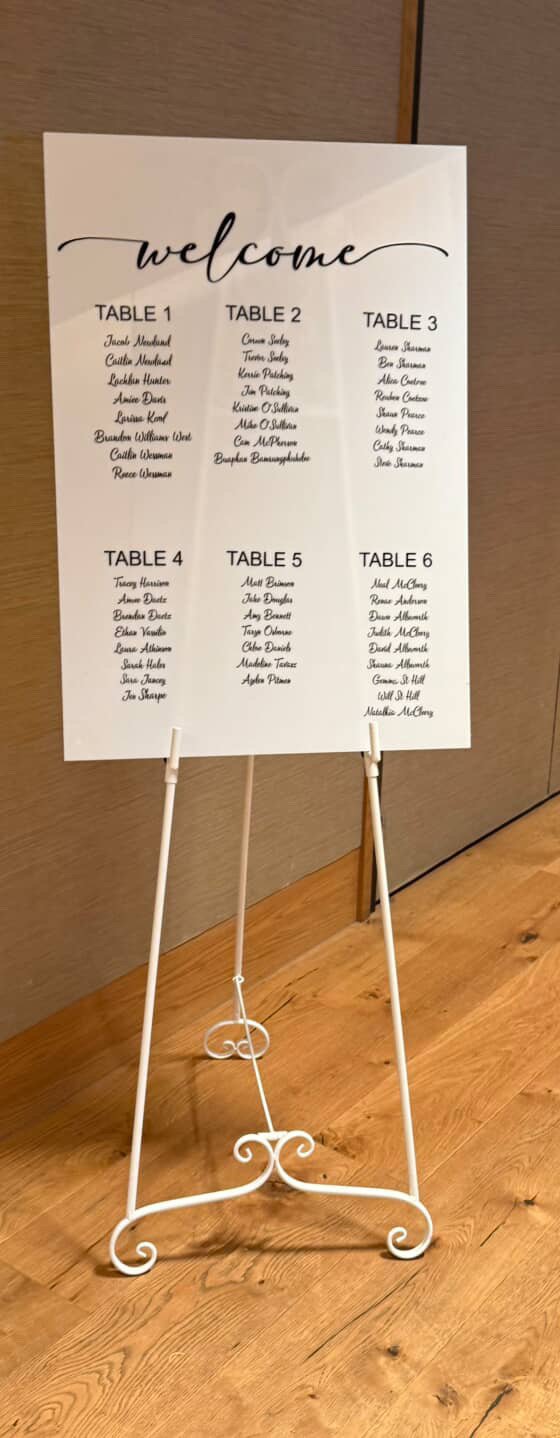 Wedding seating chart on a whiteboard with table assignments and guest names, set on a white easel.