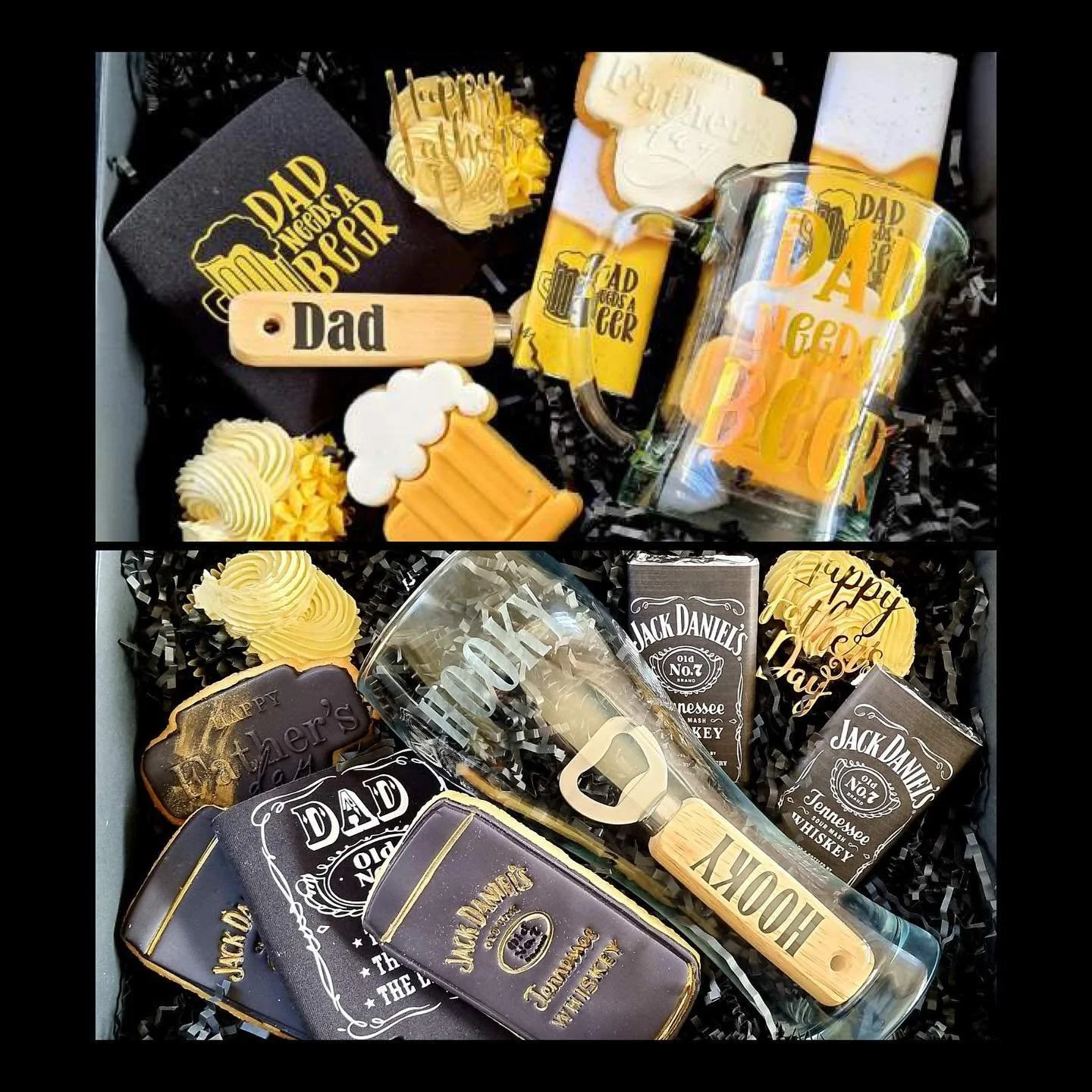 Gift box with father-themed items including a glass mug with 'Dad' and beer imagery, a wooden sign with 'Dad', a small box of chocolates, a soap bar, a small bottle, and decorative items with 'Happy Father's Day' and other related messages.